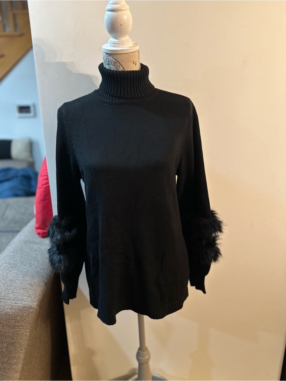 Chico's Black Turtleneck Sweater with Faux Fur Cuff Detail